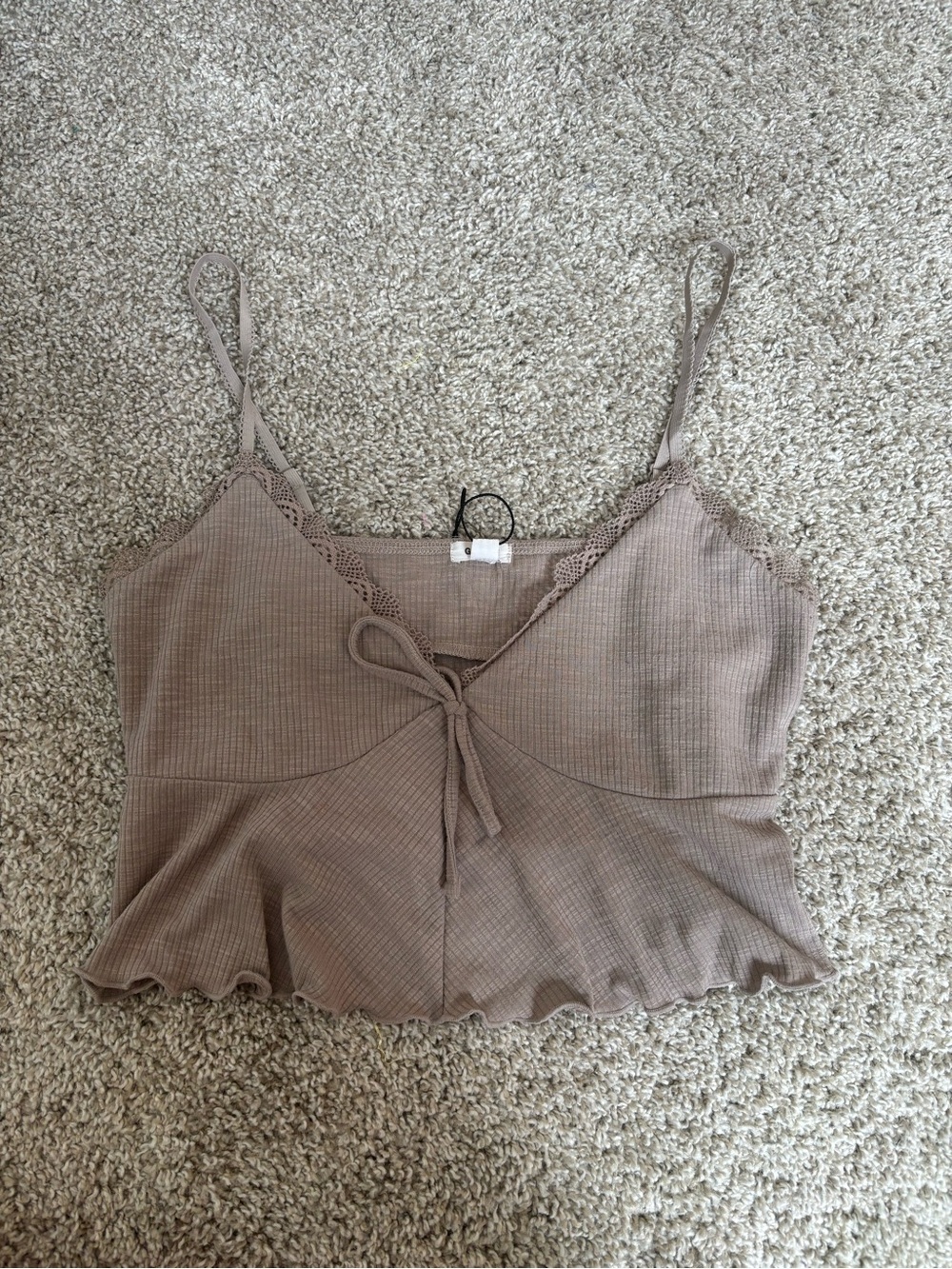 Garage Taupe Lace-Trim Tie-Front Ribbed Crop Cami